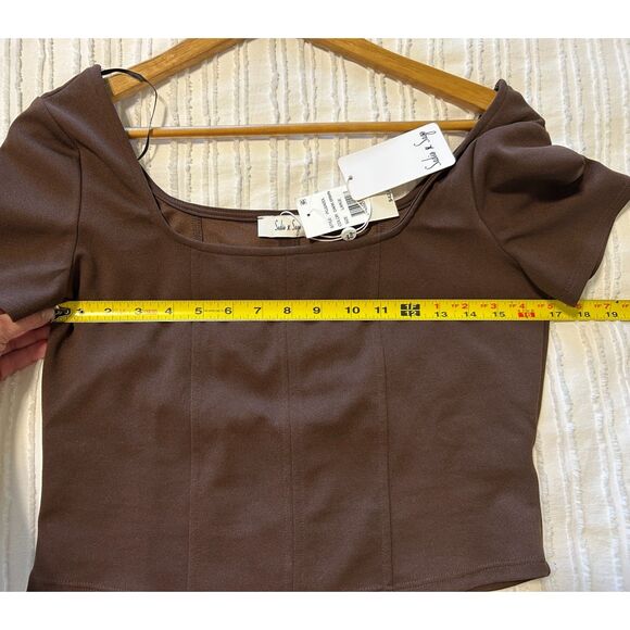 NEW! Sadie & Sage Square Neck Cropped Seamed Corset Knit Top Choc Brown L NWT - Picture 6 of 7